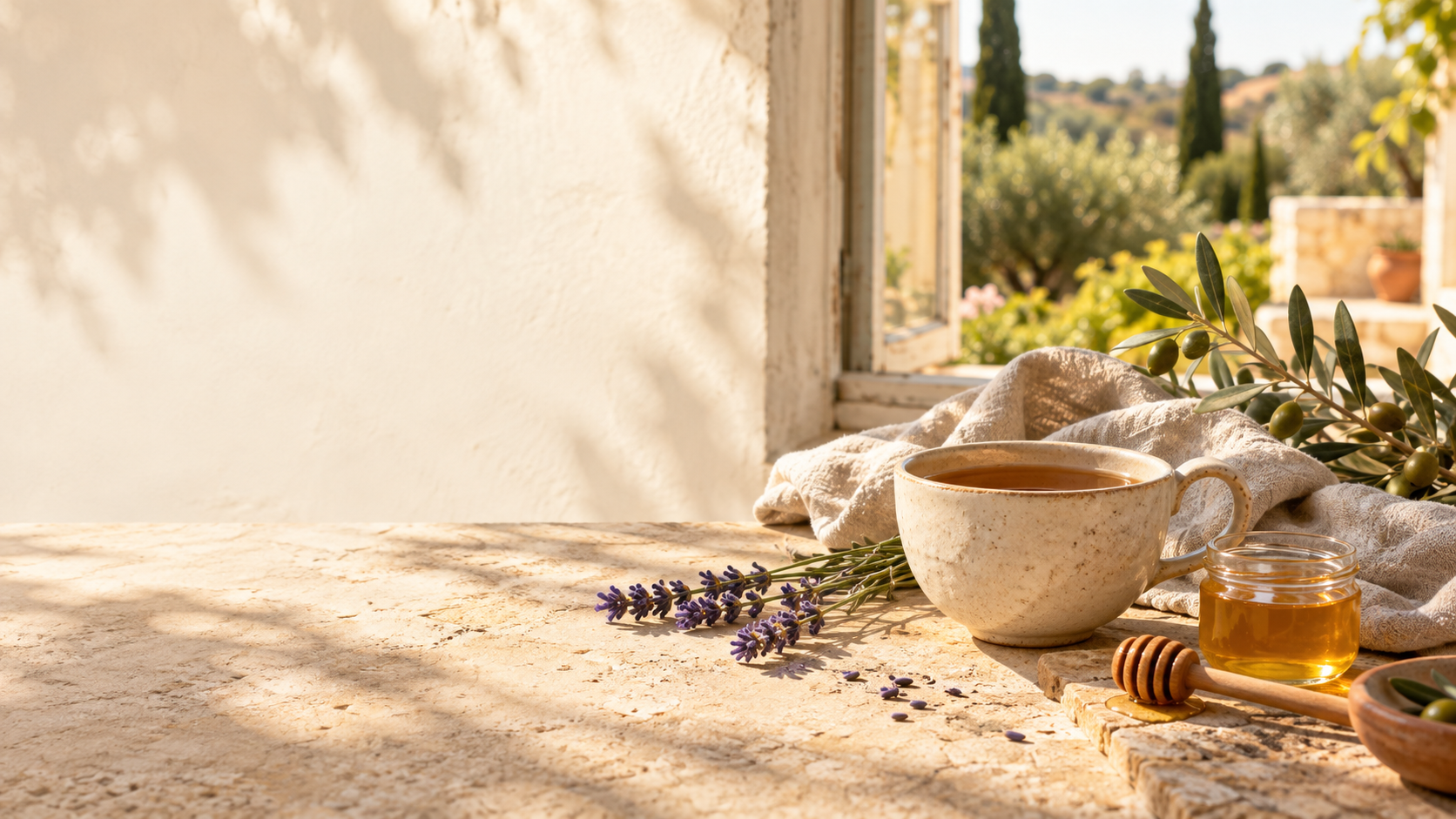 Warm light, tea, honey, and natural textures